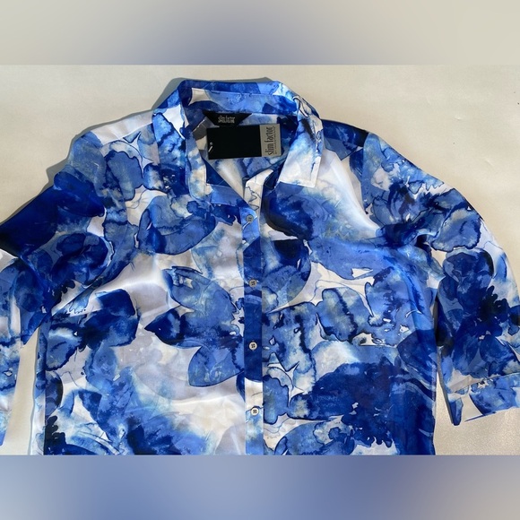 NEW Size M Slim Factor Investments 3/4 Sleeve Button Front Long Top Blue $79 - Picture 8 of 11